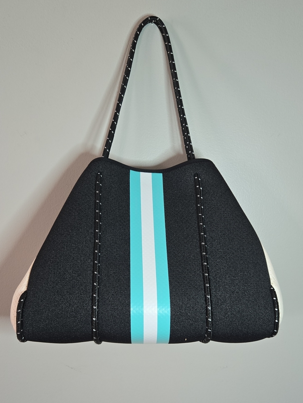 Haute Shore 'Faster Way' Black Aqua White Stripe Neoprene Cord Shoulder Tote Bag